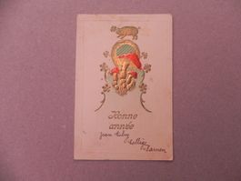 Karte Motiv Humor mit Schwein Sau 1907 Neujahr Prägekarte