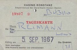 Eintrittskarte CASINO KONSTANZ SEPT.1967