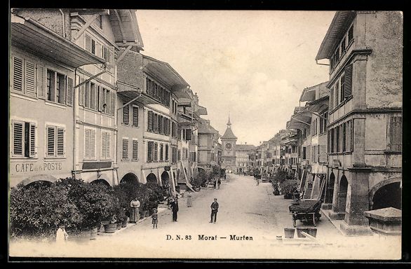 Cartoline postali: AK Murten, Straßenpartie mit Cafe Post – Usato da Berlin venduto da bartko-reher