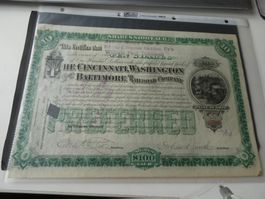 USA 1887, Eisenbahnaktie Cincinnati, Washington and Baltimor