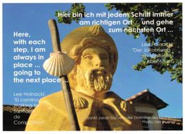 AK Pilgerzitat von Lee Hoinacki, Jakobusstatue am Jakobsweg