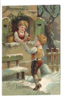 Prosit Neujahr - Knabe bringt Mädchen Blumen - Präge-Litho