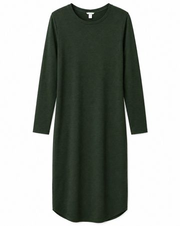 Dunkelgrünes meliertes Herbstkleid – locker & leicht taillie