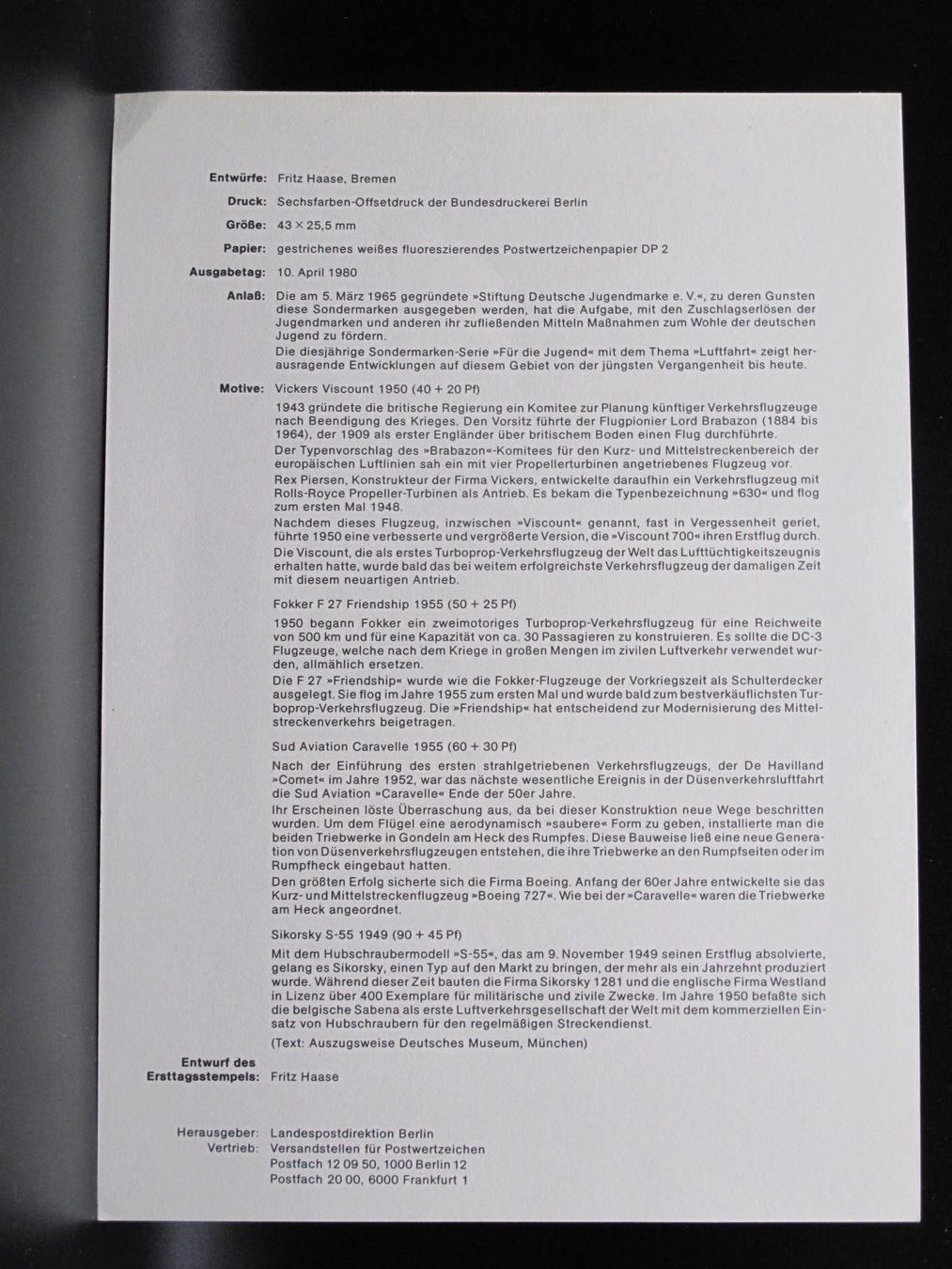 Tutti i francobolli: Berlin 1980 /03 Luftfahrt Ersttagesblatt – Usato da Wil SG venduto da fva01 1