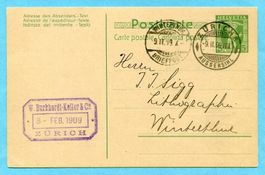 Postkarte Zürich 1909 mit Zudruck W. Burckhardt-Keller & Co.