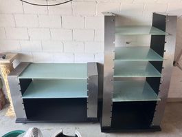 TV-/Hifi-Möbel, gebürst. Stahlfronten, sat. Glasscheiben