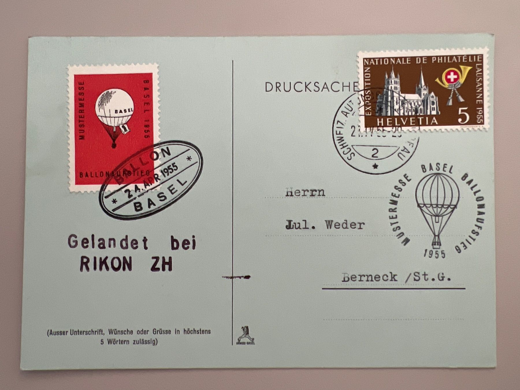 Tutti i francobolli: Ballonpost mit Vignette Mustermesse Basel 1955 – Usato da Buchrain venduto da wmm