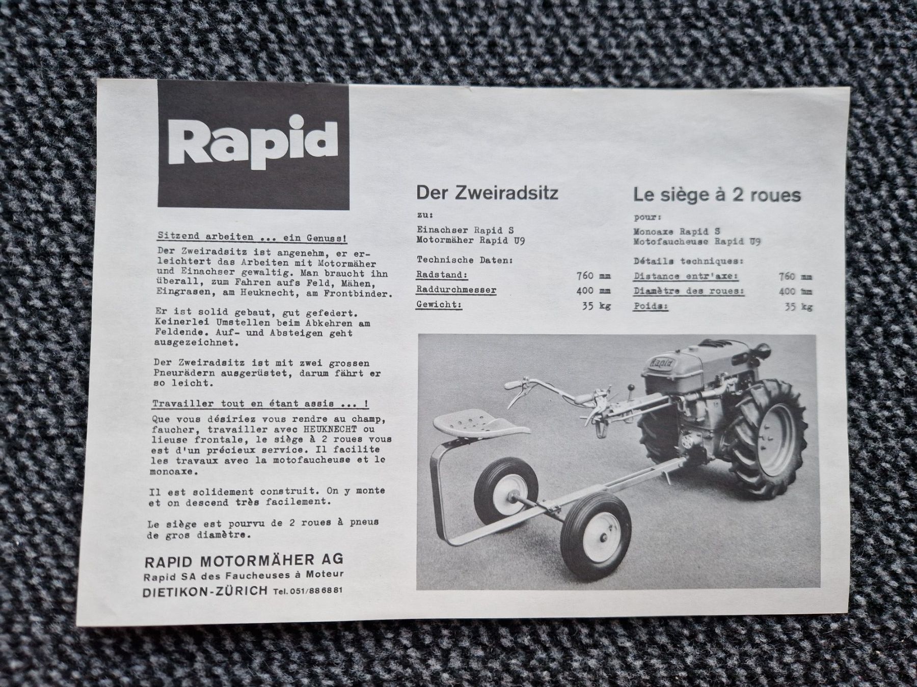 Rapid Tracteurs: Original Prospekt Rapid Sitzwagen Einachser S-Spezial – D'occasion à Dürnten par Bachtel84