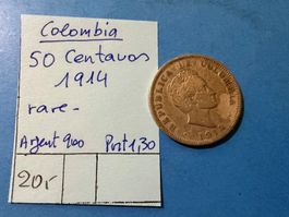 COLOMBIE : 50 CENTAVOS 1914 - ARGENT - RARE