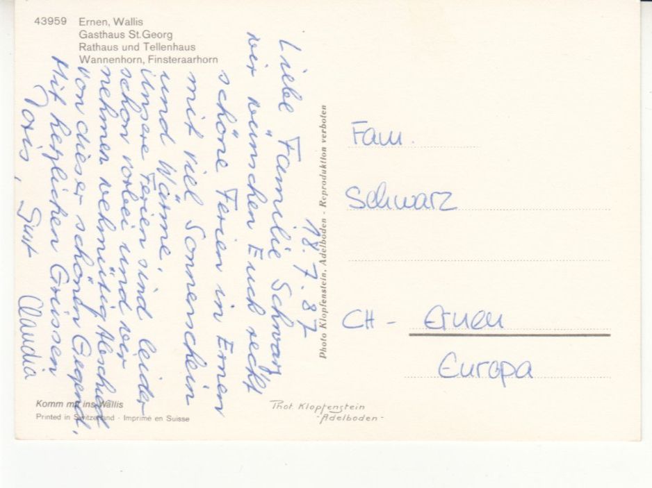 Cartoline postali: Ernen 1987 – Usato da Bürglen TG venduto da StampGraf 1