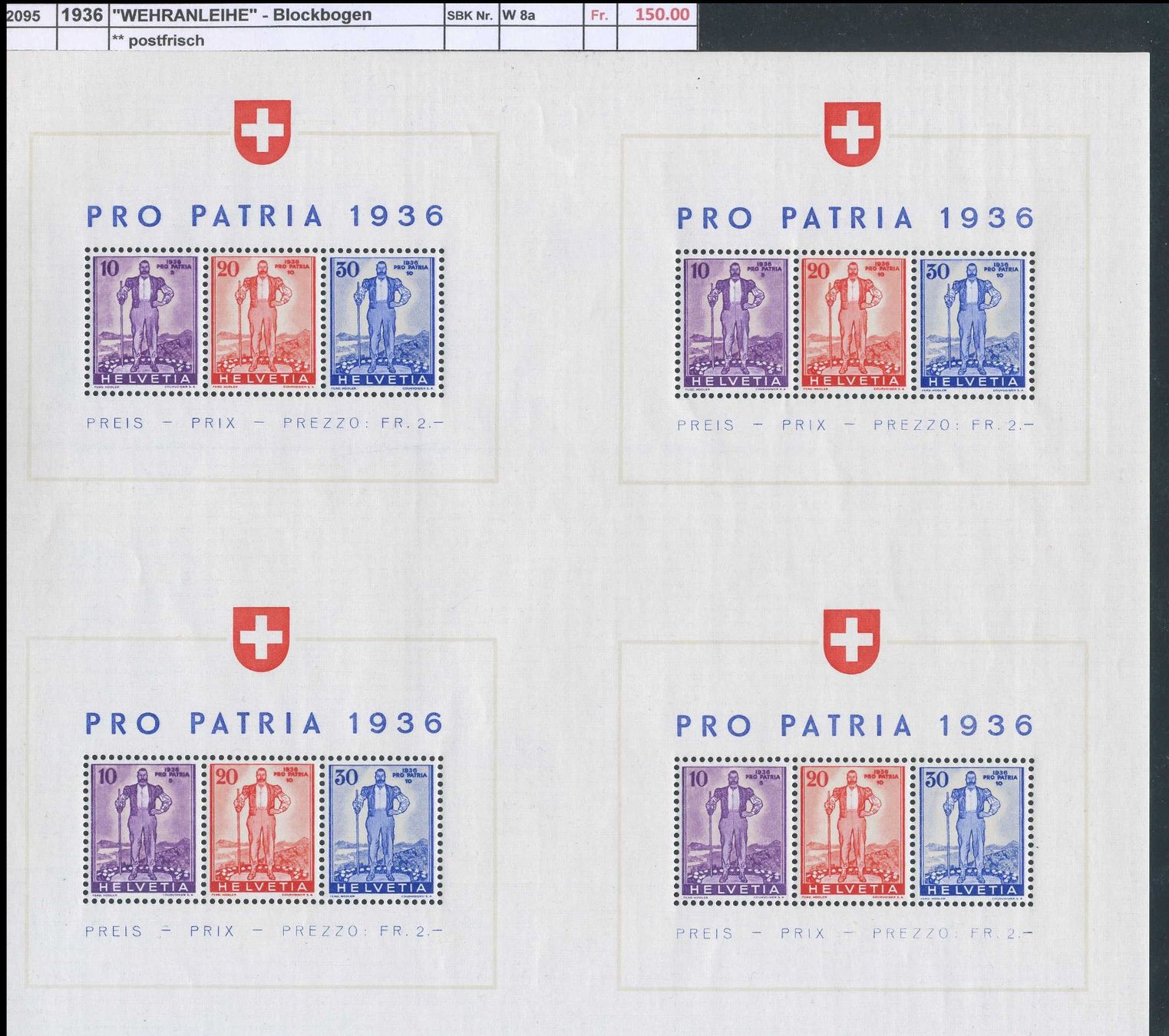 Tous les timbres: 1936 "WEHRANLEIHE" - Blockbogen, ** postfrisch – Neuf (Voir description) à Winterthur par Zupogeru