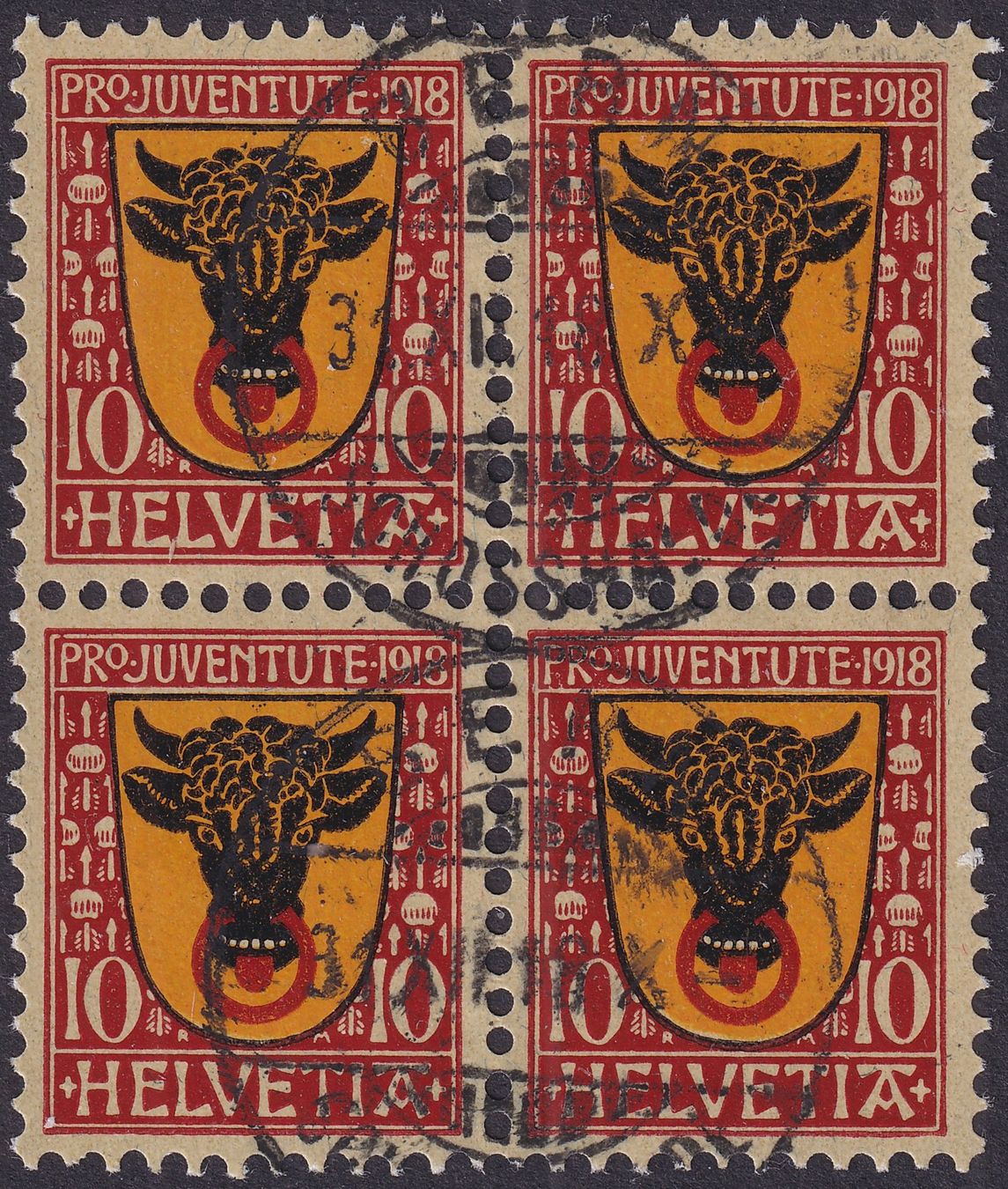 Alle Briefmarken: 1918, Pro Juventute, J10, Viererblock von Bern, Kat: 250.- – Gebraucht aus Sursee von Luzernerraute