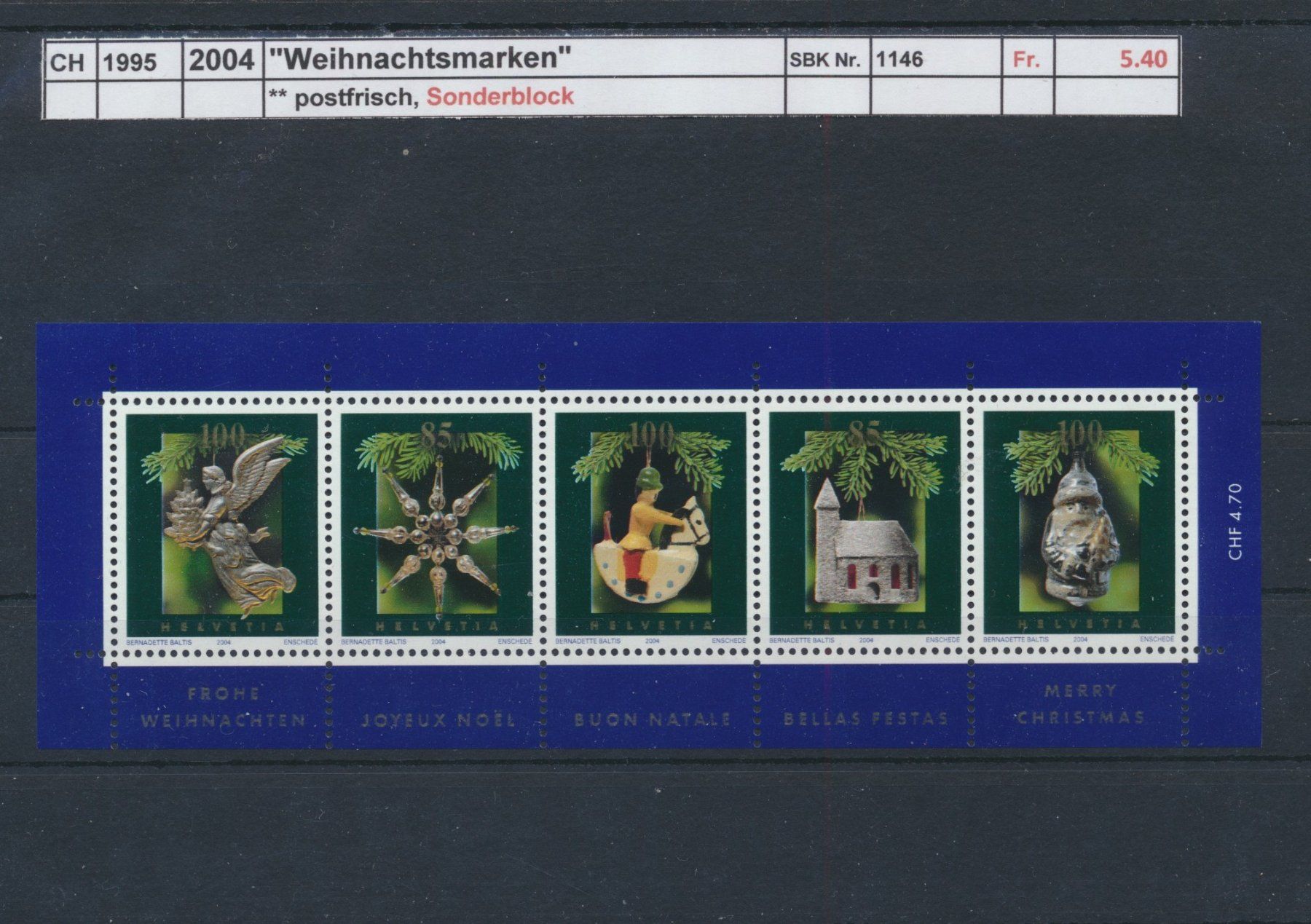 Alle Briefmarken: 2004 "Weihnachtsmarken", Sonderblock ** postfrisch – Neu (gemäss Beschreibung) aus Winterthur von Zupogeru