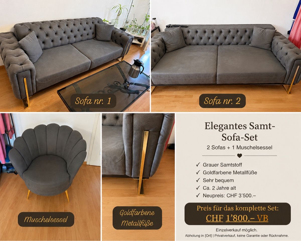 Sofas: Elegante graue Samt- Sofagarnitur- 2 Sofas- 1 Muschelsessel – Neu (gemäss Beschreibung) aus Zürich von jaz_7njy