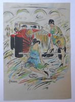 Zwei Damen vor einem Auto. Aquarell von  Meurice. Ca 1950.