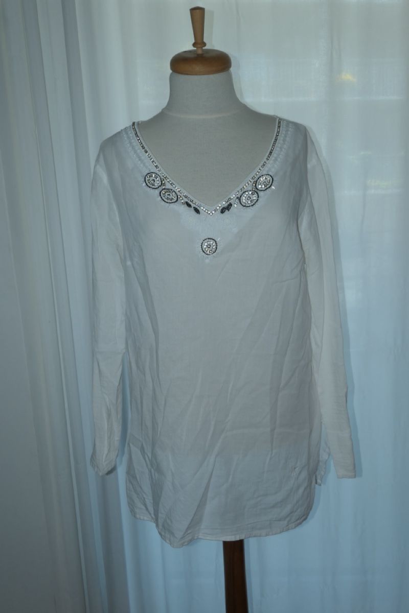 Top: Damen Bluse Weiss Langarm mit Perlen und Strass Grösse L – Usato da Kriens venduto da phi_l95v