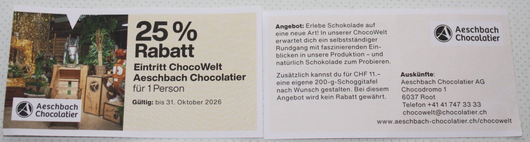 Buoni: 25 % Rabatt Eintritt ChocoWelt Aeschbach Chocolatier 31.10. – Nuovo e nell'imballaggio originale da Wettingen venduto da Licht08