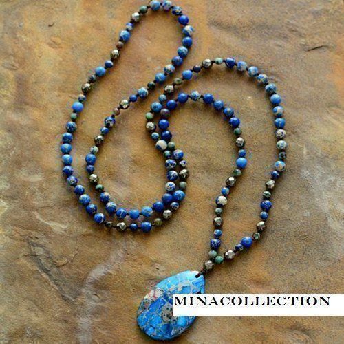 Collier Long Sautoir En Perle Et Pierre Bleu Caraïbe - 60 Cm - Fashion Bimbo