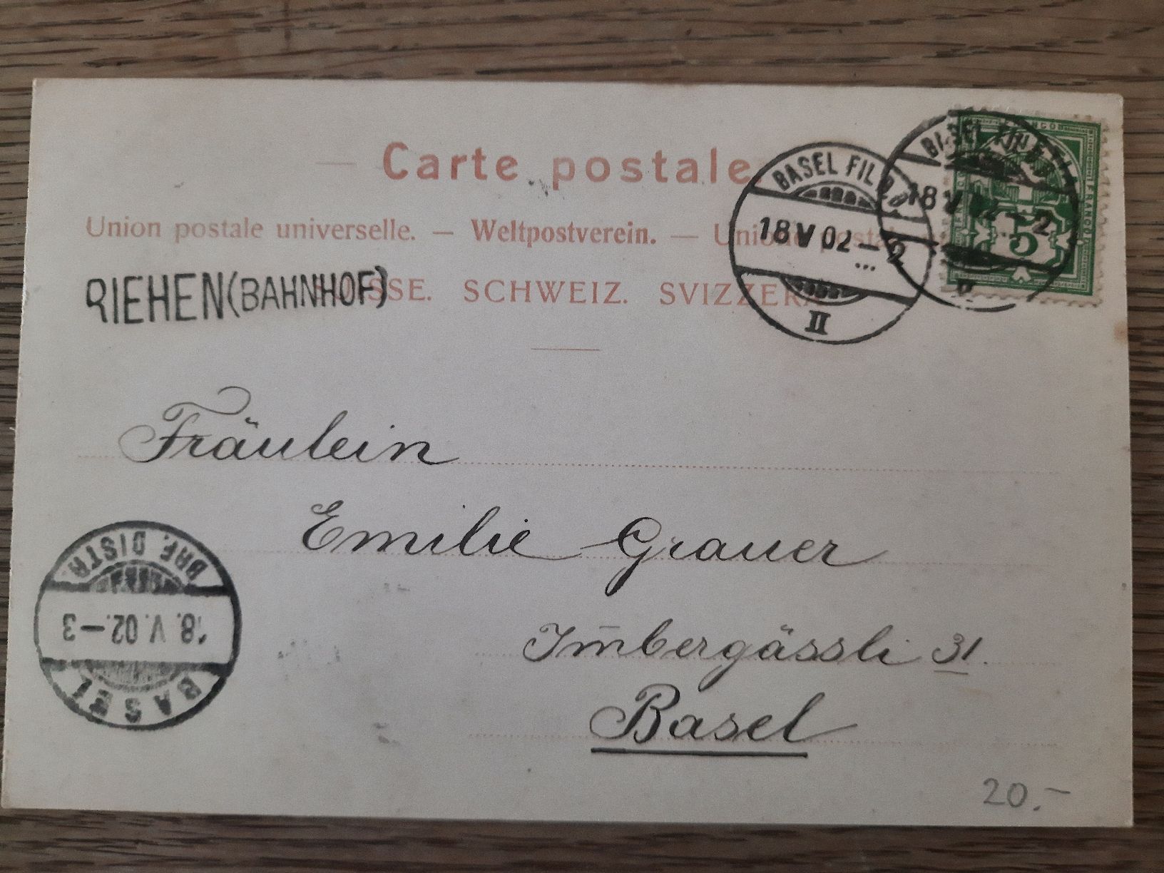 Cartoline postali: Ansichtskarte Riehen BS 1902 mit Stabstempel – Usato da Basel venduto da KTV