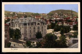 AK St. Gallen, Tonhalle und Teilansicht aus der Vogelschau