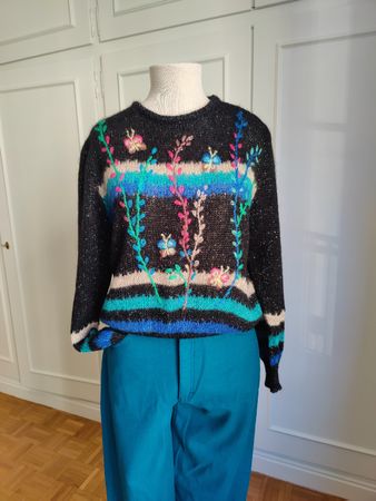 Vintage handknitted mohair sweater with butterfly embroidery