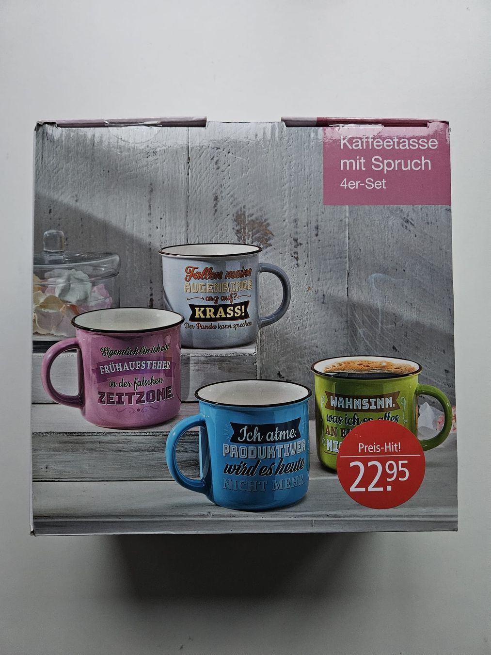 Tassen: 4er-Set Kaffeetassen mit Spruch – Neu und originalverpackt aus Schaffhausen von sabrina915