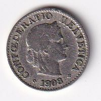 5 Rappen 1908 rar Fehler ohne Querstrich bei H