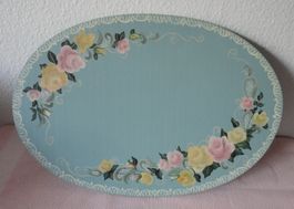 Holzplatte oval mit Blumenmalerei Handbemalt 40cmx28cm