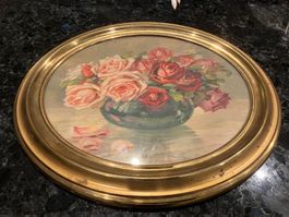 Rundes Bild Rosen in Vase mit Goldrahmen gebraucht