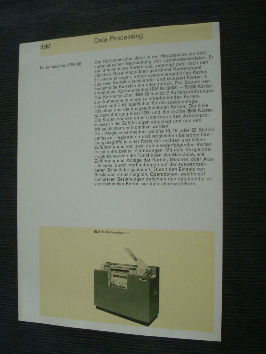 Dokumente: IBM Data Processing - Kartenmischer IBM 88 - Prospektblatt – Gebraucht aus Neuenegg von flohcante