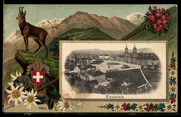 Cartoline postali: Einsiedeln, Teilansicht mit Kirche, Gäm – Usato da Berlin venduto da bartko-reher