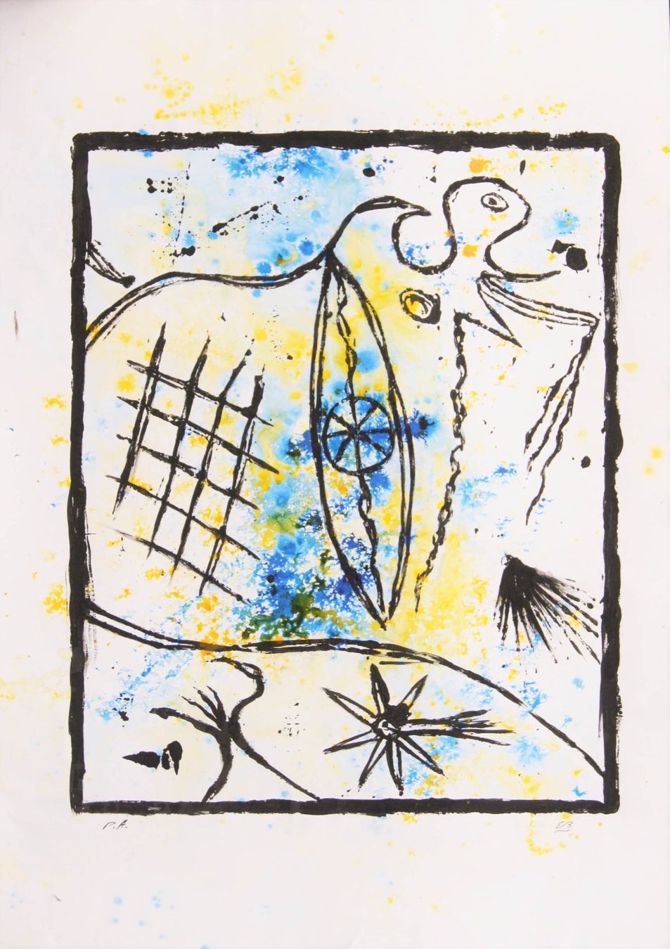 Xilografie: Linoldruck: Signs VI blau – Usato da Fribourg venduto da erw_68dx
