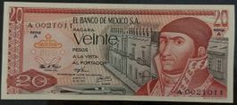 Mexiko 20 Pesos Geldschein, A0021011, Top Zustand!