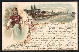 Litho Basel, Blick auf Fluss mit Brücke