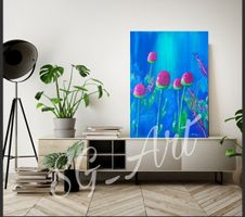 Sale! Acrylbild Blumen blau pink bunt Unikat
