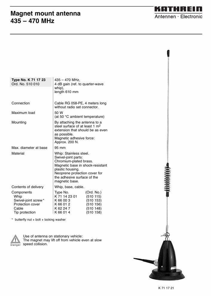 Radiocomunicazione: Magnetfuss Antenne 70 cm – Usato da Steinhausen venduto da Romust 2