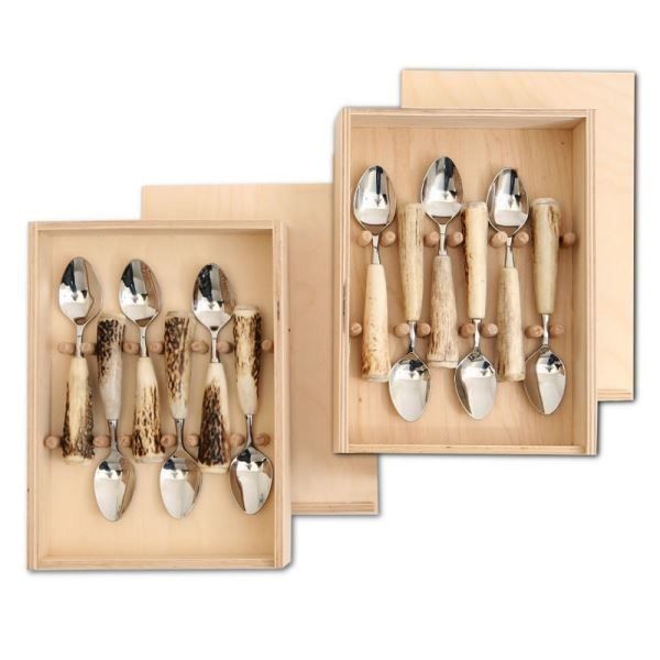 Set di posate: Set mit 6 Dessertlöffeln mit Hirschhorn – Nuovo e nell'imballaggio originale da Arbedo venduto da patagonialeatherrugs