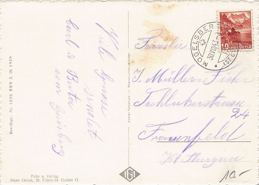 Cartoline postali: Mogelsberg mit Speer, gelaufen 1943 – Usato da Frauenfeld venduto da POML 1