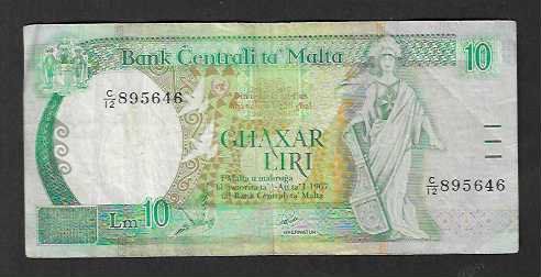 Banconote: Malta  10  Liri  Gebraucht – Usato da Gordola venduto da coinsandnotes