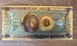 1 goldfarbene Bitcoin Note für CHF 1.— (Spass-Geldnote)