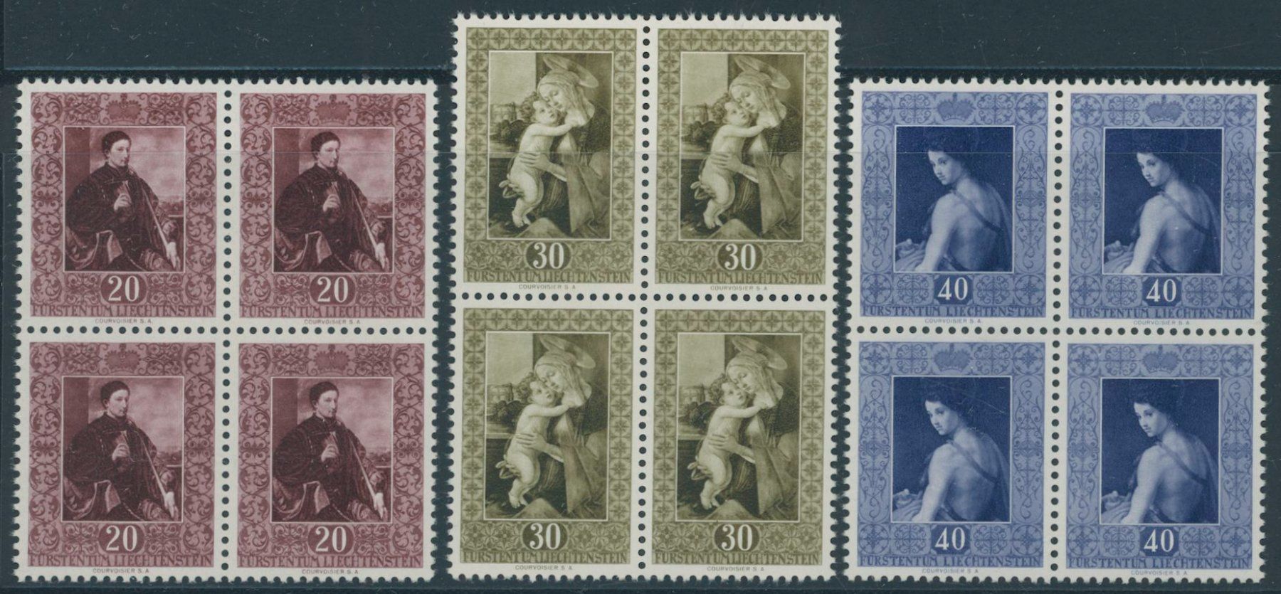 Tous les timbres: FL - 1952 - Gemälde III - Viererblock - postfrisch ** – Neuf (Voir description) à Schindellegi par leecollect