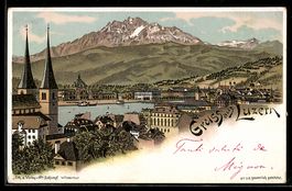Lithographie Luzern, Ortsansicht mit See und Bergblick
