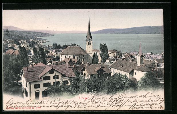 Ansichtskarten: AK Horgen, Teilansicht mit Kirche, 1908 – Gebraucht aus Berlin von bartko-reher