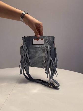 Borsetta in camoscio azzurro con frange, nuova!