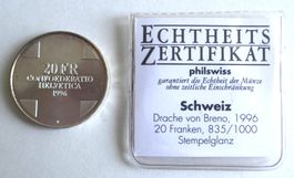 20 Franken Silbermünzen Drache von Breno 1996 Stempelglanz