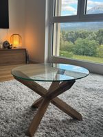 Table basse ronde, plateau verre, pied bois, état neuf