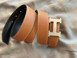 Hermès Wendegürtel Leder Gold/Schwarz Grösse 100cm