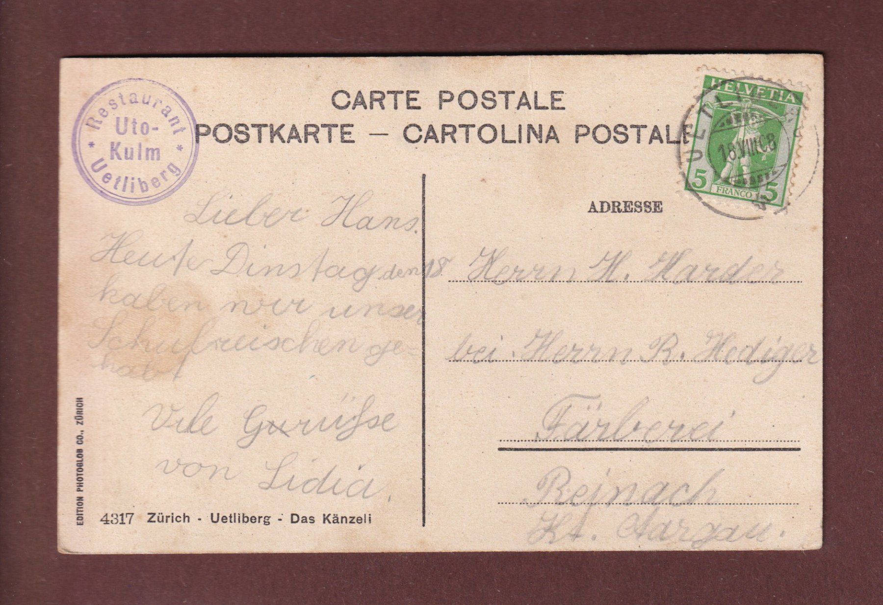 Cartes postales: UETLIBERG - Das Känzeli - 1908 – D'occasion à Pully par nicecards-shop 1