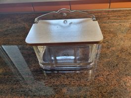 Glas Hergiswil Wanddose mit Holzdeckel, Vintage Swiss