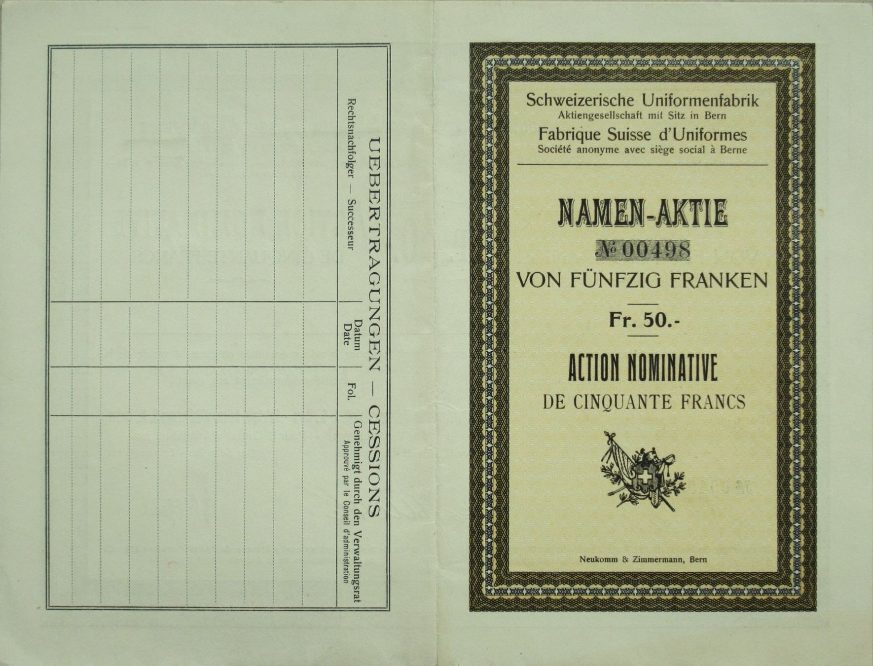 Documenti: original 2 SCHWEIZERISCHE UNIFORMENFARBIK AG Bern 1921 – Usato da Lohn-Ammannsegg venduto da rrrikko 3